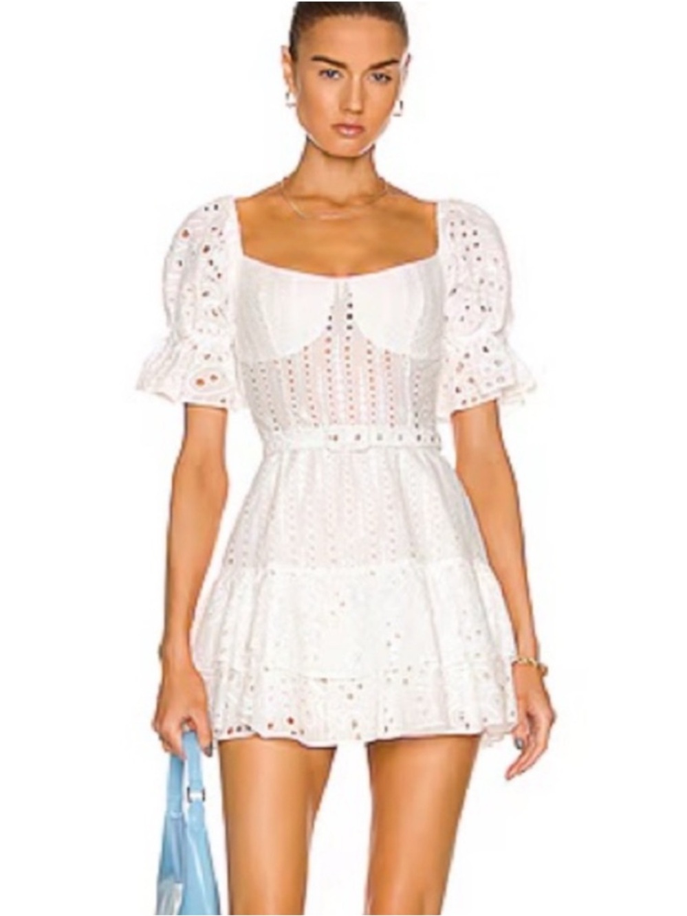 Charo Ruiz Ibiza White Ruffle Mini Dress with Eyelet Detail | Size S